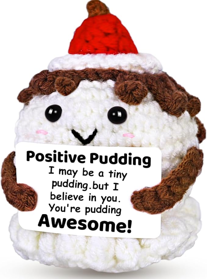 PARTY TONIGHT Mini Positive Crochet Animal Inspirational Gifts, Handmade Positive Pudding Crochet with Inspirational Card Positive Emotional Support Gift for Women Men Teacher Birthday Gift