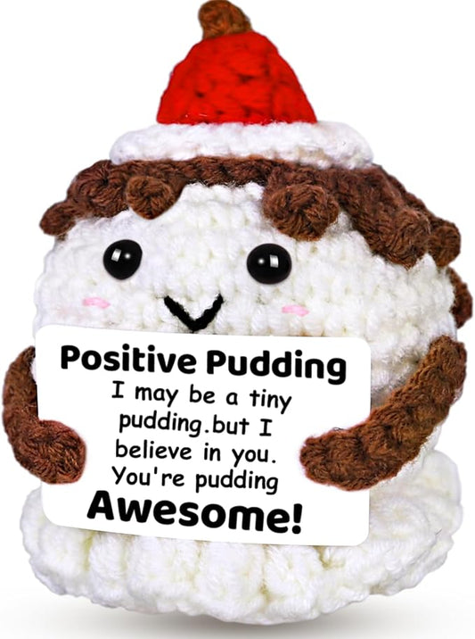 PARTY TONIGHT Mini Positive Crochet Animal Inspirational Gifts, Handmade Positive Pudding Crochet with Inspirational Card Positive Emotional Support Gift for Women Men Teacher Birthday Gift