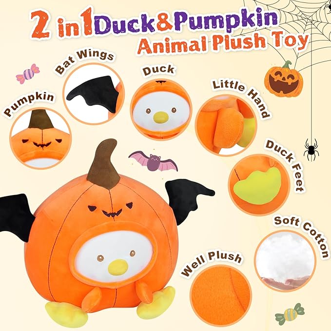 Halloween Pumpkin Pillow Decor, 9.8 Inch Cute Plush Toy, Cute Pumpkin Stuffed Animal, Modern Fall Home Decor, Soft Fluffy Squishy Plushie with Bat Wings