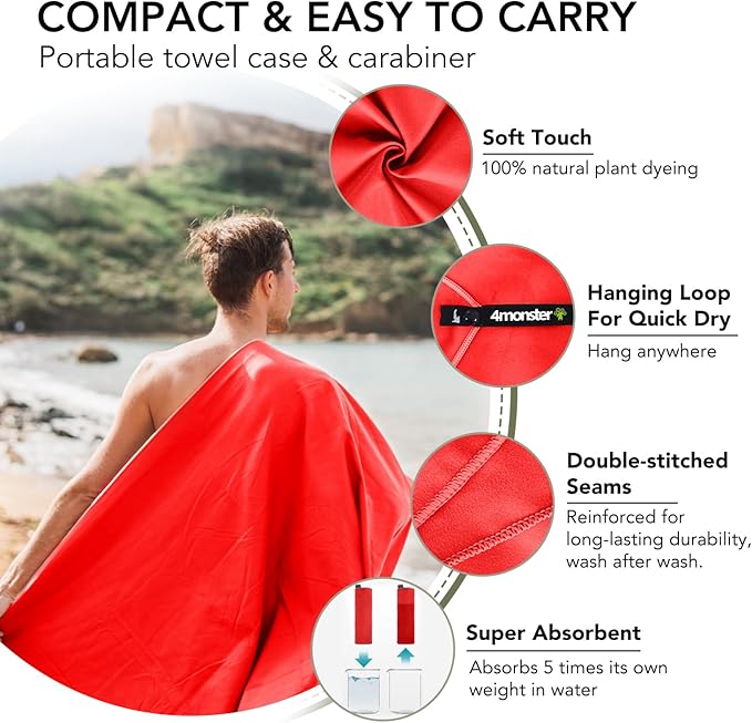 4Monster Quick Dry Travel Towel with Case & Carabiner – Super Absorbent Microfiber Gym & Camping Towel. Compact, Lightweight, Fast Drying for Beach, Swimming, Hiking, Backpacking