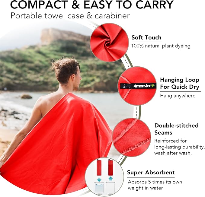4Monster Quick Dry Travel Towel with Case & Carabiner – Super Absorbent Microfiber Gym & Camping Towel. Compact, Lightweight, Fast Drying for Beach, Swimming, Hiking, Backpacking