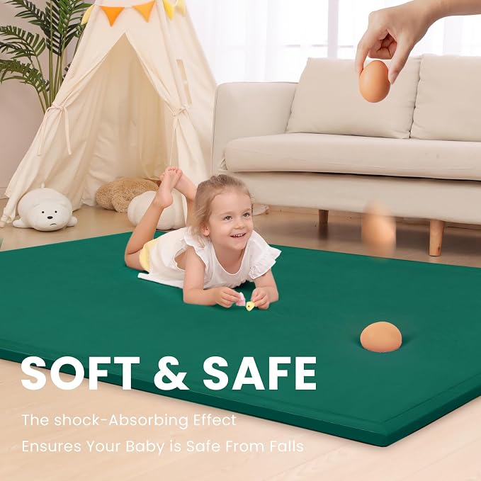 Baby Play Mat for Floor,1.3" Thick Memory foam Tummy Time Mat,Soft Coral Velvet Nursery Rug,Extra Large Non Slip Crawling Mat for Toddlers,Infants,kids,Yoga Mat,Tatami Style for Living Room(Dark Green)