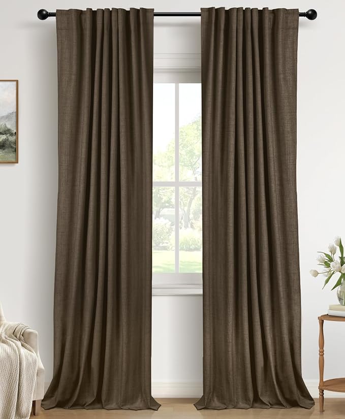 100% Blackout Shield Dark Brown Linen Blackout Curtains for Bedroom 84 Inches Long, Back Tab/Rod Pocket Living Room Drapes, Thermal Insulated Blackout Curtains 2 Panels Set, 50" W x 84" L