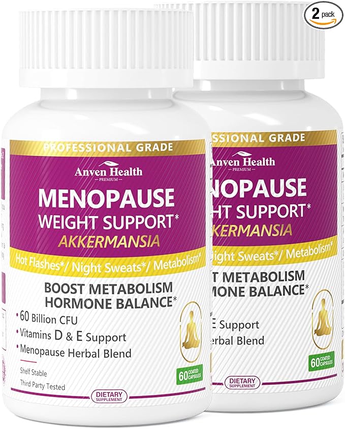Menopause Relief Probiotics Akkermansia Hot Flashes 120 Caps | 60 Billion with Akkermansia Probiotic & Prebiotic, Vitamin D & E, Hormone Balance, Metabolism, Gut Health, Hot Flashes