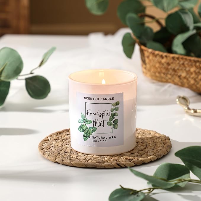 Eucalyptus & Mint Scented Candle,White Summer Candles for Home Scented,11oz | Aromatherapy Candle,Stress Relief Candle,Summer Gift for Women Men,Natural Soy Wax Candle,