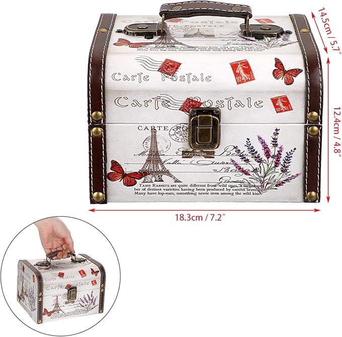 ELLDOO Decorative Treasure Chest Box, Wooden + PU Leather Storage Box for Jewelry Trinkets, Keepsakes box for Girls Women Gifts (Tower + Lavender Pattern)
