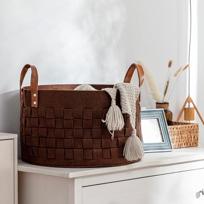 Laundry Basket 20" x20 " x11.8 ", Large Felt Fabric Blanket Basket with Leather Handle, Dirt Clothes Laundry Hamper Round for Babies, Dogs and Living Room-Brown