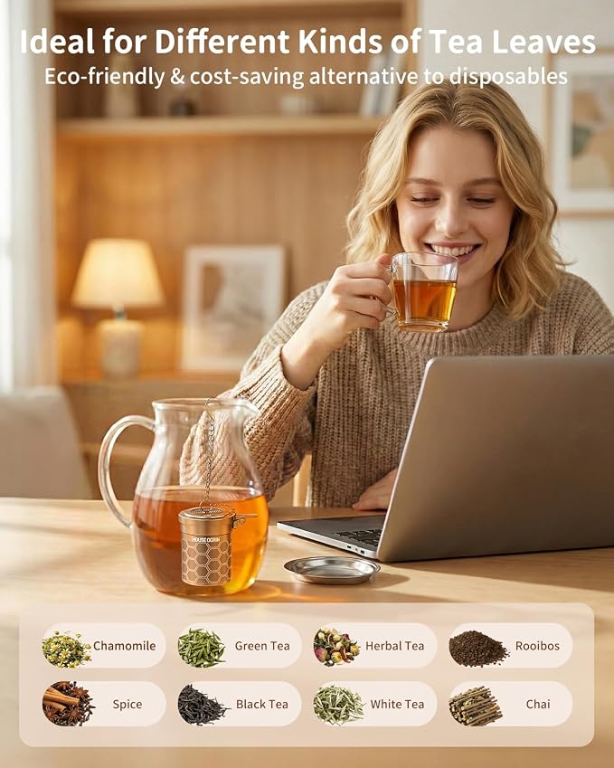 House Again Tea Infuser, 304 Stainless Steel Extra Fine Mesh Tea Strainer for Loose Tea, Upgraded Press-to-Open Lid, Loose Leaf Tea Steeper for Spices & Seasonings