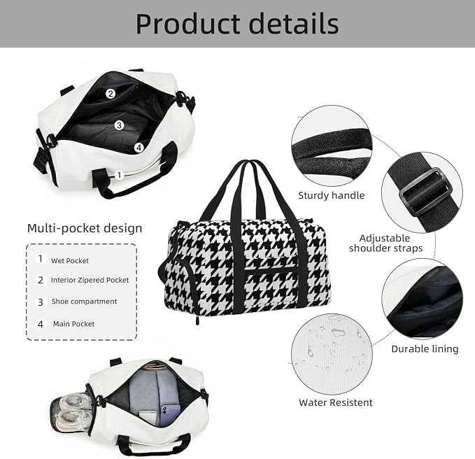 Fiokroo Sports Gym Bag Black And White Houndstooth Travel Duffel Bag For Men Women With Shoe Compartment Water Resistant Gym Bag Carry On Duffel Bag For Weekend Traveling Yoga Gym Sports