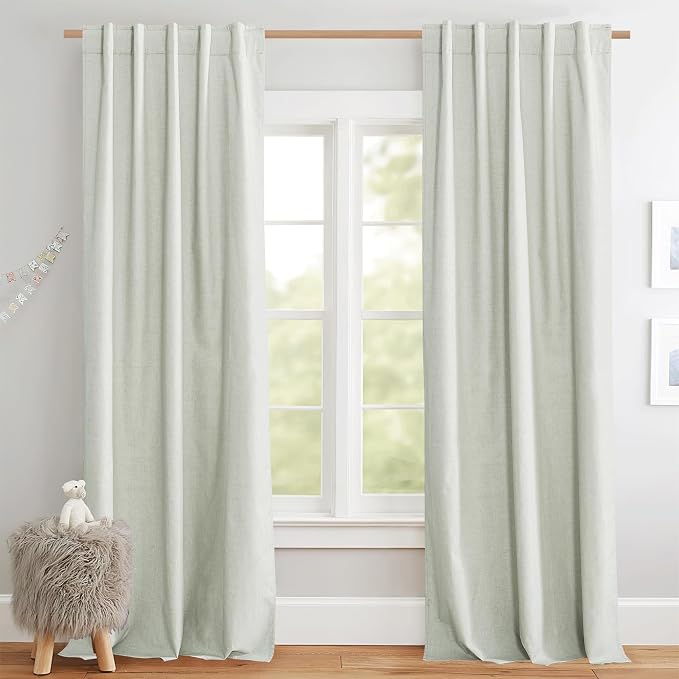 NICETOWN Light Green Linen 100% Blackout Curtains 120" Length with Thermal Insulated Liners, Farmhouse Style Extra Long Window Draperies for Patio Sliding Glass Door (2 Panels, 52" W)