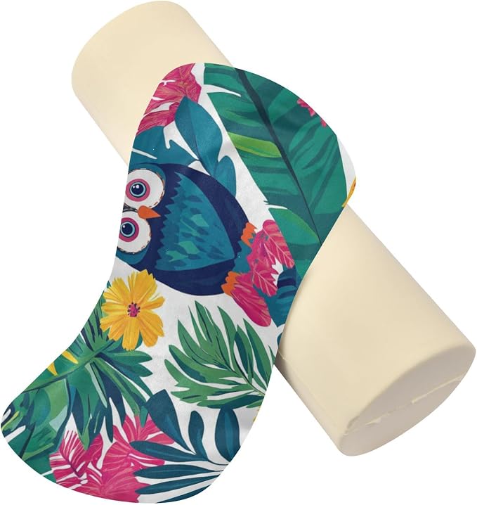 Triopcal Leaves Owls Pattern Neck Roll Pillow Bolster Round Health Memory Foam Long Cervical Cylinder Pillows with Removable Washable Cover for Body Bed Legs Back Yoga