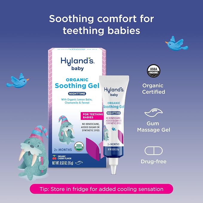 Hyland's Baby Nighttime Oral Soothing Gel - .53 oz, Organic Cherry Flavor - Nighttime Baby Gel for Oral Discomfort and Teething Support with Chamomile, Calendula, Fennel & Lemon Balm