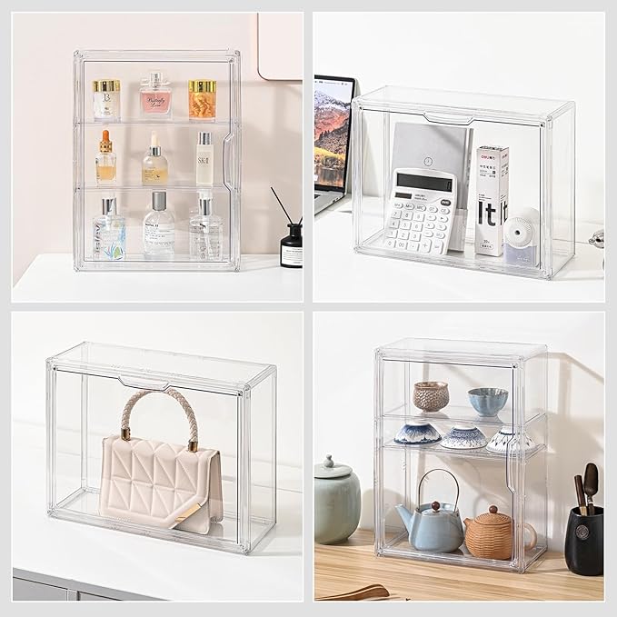 2 Pack 3 Tier Clear Display Case for Figures, Wall-Mounted Acrylic Storage Organizer Box, Stackable Display Cabinet with Magnetic Door & Removable Shelves, Showcase for Collectibles, Figures