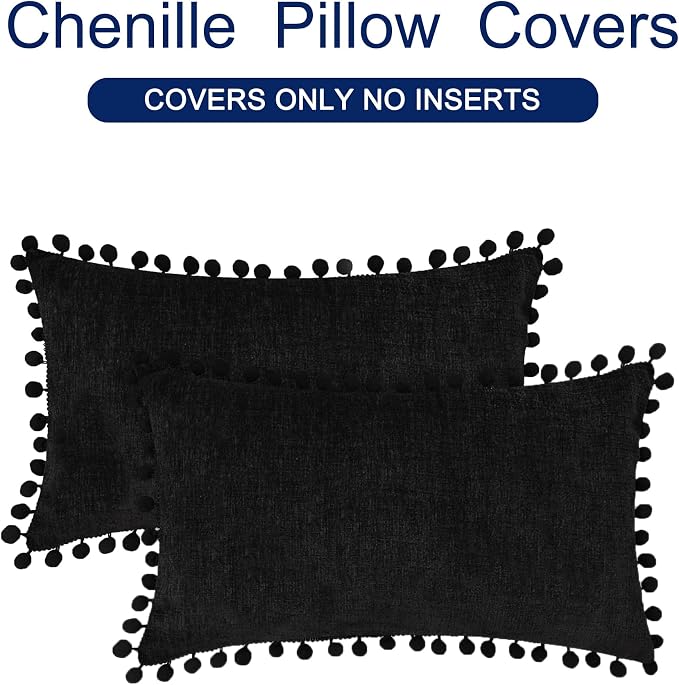 CaliTime Decorative Couch Throw Pillow Covers 20 X 12 Inches Black | Pack of 2, Cozy Chenille Cushion Cases, with Pom Poms for Sofa Bed Living Room Farmhouse Home