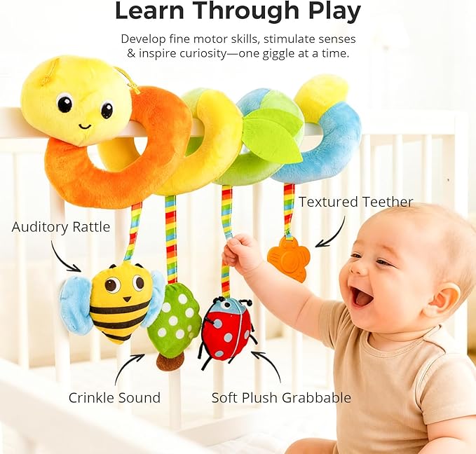 Car Seat Toys for Baby – Colorful Carseat Toys Hanging with Plush Teether & Rattles, Soft Sensory Car Seat Toy and Stroller Toys Set, Baby Car Seat Toy to Entertain and Soothe on The Go