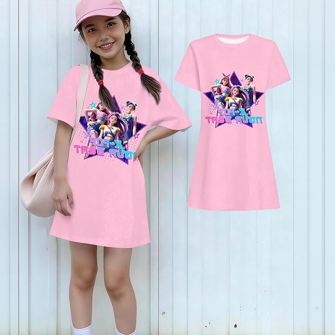 Girl's Anime K-POP Graphic Long Dress T-Shirt - Casual Loose Fit Short Sleeve Top