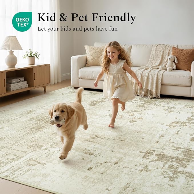 Rugflix 8x10 Area Rugs for Living Room, Washable Linen Beige Large Rug | Machine Washable; Stain-Resistant; Low Pile; Non-Slip; Modern Abstract; Carpet for Bedroom Dining Office Nursery Home