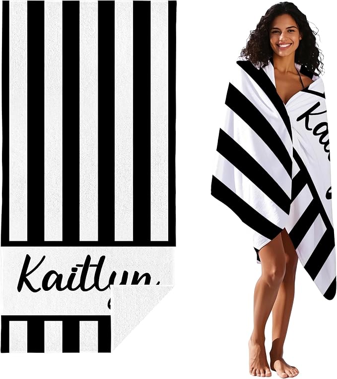 JML Personalized Beach Towel with Name, Custom Cabana Stripe Beach Towel, Customized Microfiber Pool Towel, Quick Dry & Absorbent Swim Towel for Adult,Anniversary, Birthday, Summer Holiday,Vacation