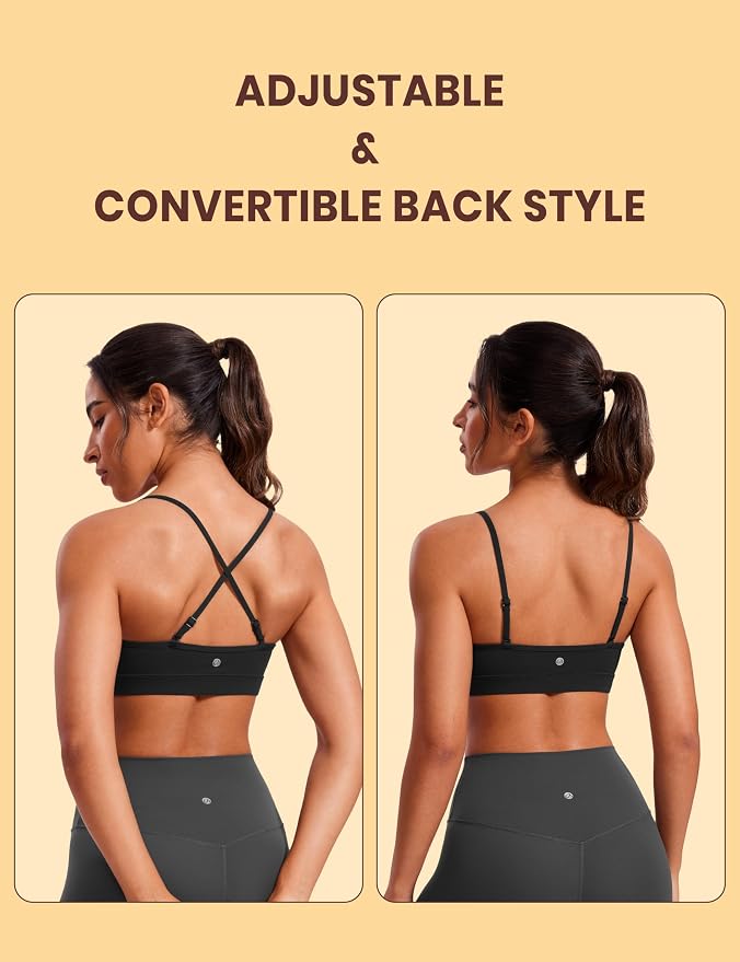 CRZ YOGA Butterluxe V-Neck Sports Bras for Women - Adjustable Thin Straps Padded Yoga Top Basic Wireless Camisole