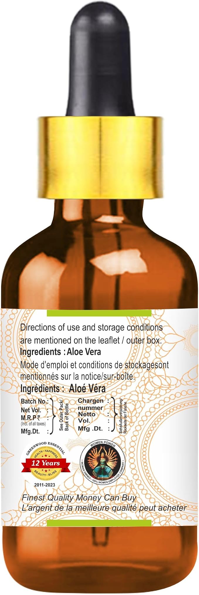 Greenwood Essential Pure Aloe Vera Oil (Aloe barbadensis) with Glass Dropper Premium Therapeutic Grade for Hair, Skin & Aromatherapy (Pack of Three) 100ml X 3 (10.1oz)