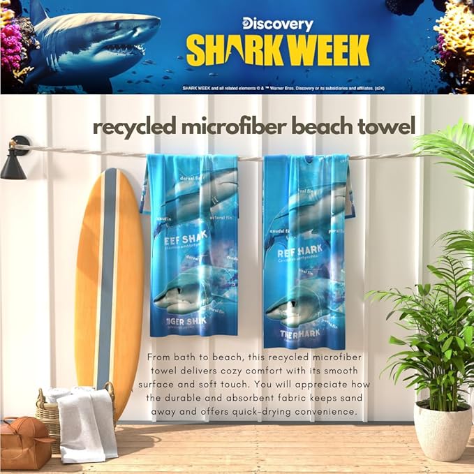 Collectibles Discovery Shark Week Super Soft Lightweight 100% Recycled Bath/Pool/Beach Towel Made from Recycled Plastic Bottles, 58 in x 28 in, (Officially Licensed Product) by Franco