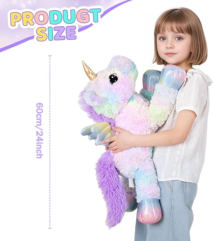FFxiong 24 Inch Rose Rainbow Colors Unicorn Stuffed Animal Plush Toy with Wings Soft Cute Large Unicorn Plushies Animals Pillow Gift for Children Boy Girl Kids Valentine Birthday Decorations