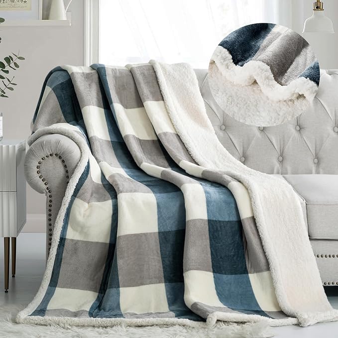 PU MEI Sherpa Throw Blanket for Couch Sofa 50“*60”-Fuzzy Soft Cozy Fleece Thick Warm Blanket for Winter, Soft Throws Plush Fluffy Lattice Flannel Blankets (Grey-Soft Blue)