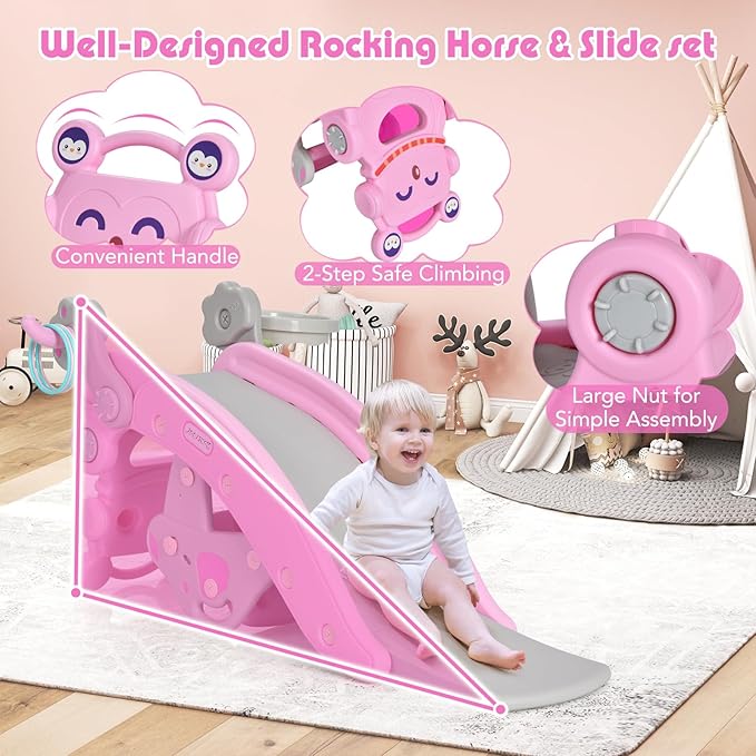 HONEY JOY Toddler Slide Rocking Toy, 6 in 1 Convertible Freestanding Slide for Kids w/Basketball Hoop/Ring Toss Game/Rocking Horse/Stool, Foldable Baby Climber Playground Slide for Indoors Outdoors