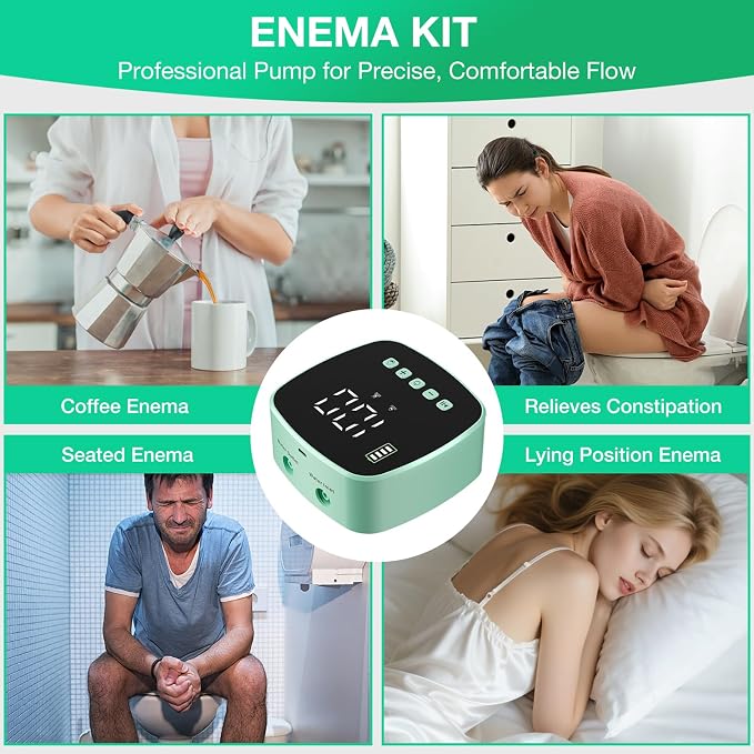 Enema Kit - Electric Enema Kit for Colon Cleanse & Detox for Women Men - Coffee Enema Kit with LCD Display & 1-100 Adjustable Pressure, 2 Type Replacement Nozzles, External Water Supply(Green)