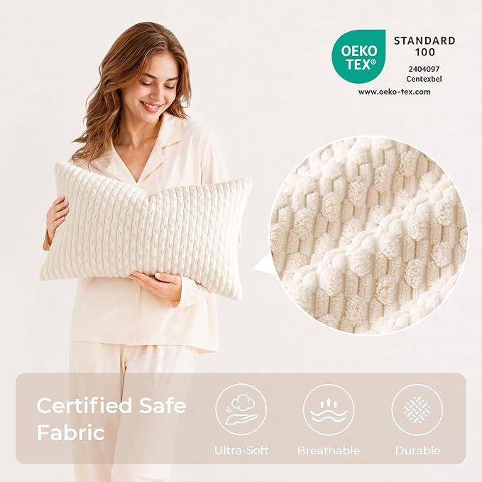 Kevin Textile Soft Corduroy 14"x24" Lumbar Pillow Cover 1 Pack, Cream White | Boho Stripe Plush Corduroy Decorative Oblong Cushion Cover Modern Farmhouse Home Decor for Sofa Couch Bed Chair