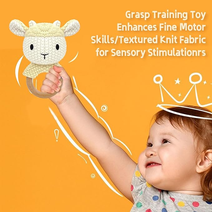 Sheep Baby Rattle for Newborn Plush Rings Crochet Lamb Teether Toy Wood Handle Textured Sensory Grip Fine Motor Skills Teething Toy Cute Farm Animal Plush Stuffed Stuffer Photo Prop