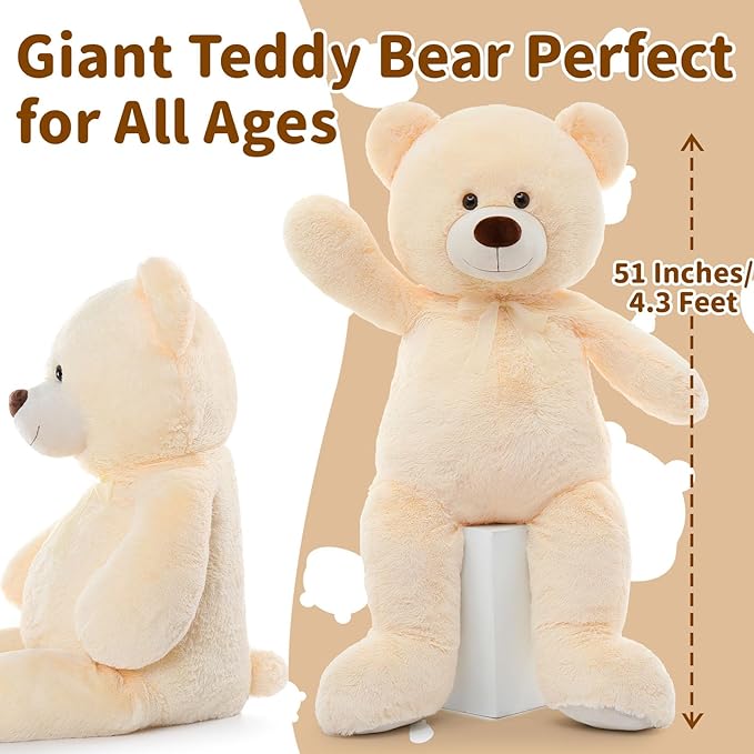 MorisMos Giant Teddy Bear Stuffed Animal 4 Ft,51'' Big Stuffed Bear for Girlfriend Boyfriend Wife Mother Fiancée Valentine's Gift,Large Bear Plush for Kid Christmas Birthday Baby Shower,Beige
