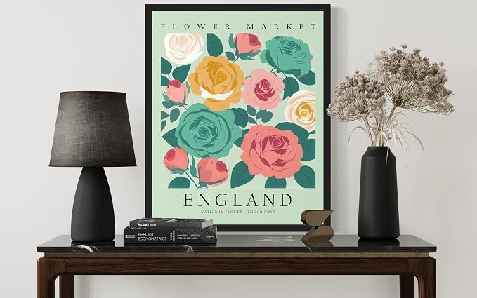 England, Tudor Rose Art Print Poster, Flower Market Wall Art, Floral Artwork Decor for Bedroom, Kitchen, Bathroom, Livingroom Decoration 52 (England, Tudor Rose, 14"L x 11"W, Black Frame)