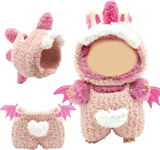 17cm Doll Clothes, Dinosaur Costume with Wings, Faking Animal Style Outfit for Cute Plush Doll, Handmade Jumpsuits for Keychain Accessories(Pink)