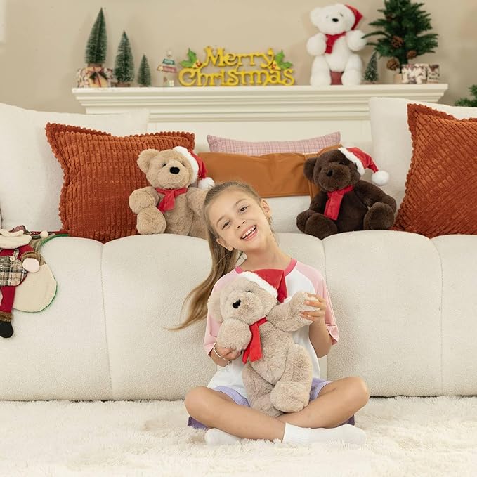 MorisMos Teddy Bear Stuffed Animal, 14'' Christmas Teddy Bear 2025 with Santa Hat & Scarf, 180° Joints Posed Plush Toy, Soft Stuffed Christmas Toys for Kid Girl Boy Max Decoration Birthday Gift, Brown