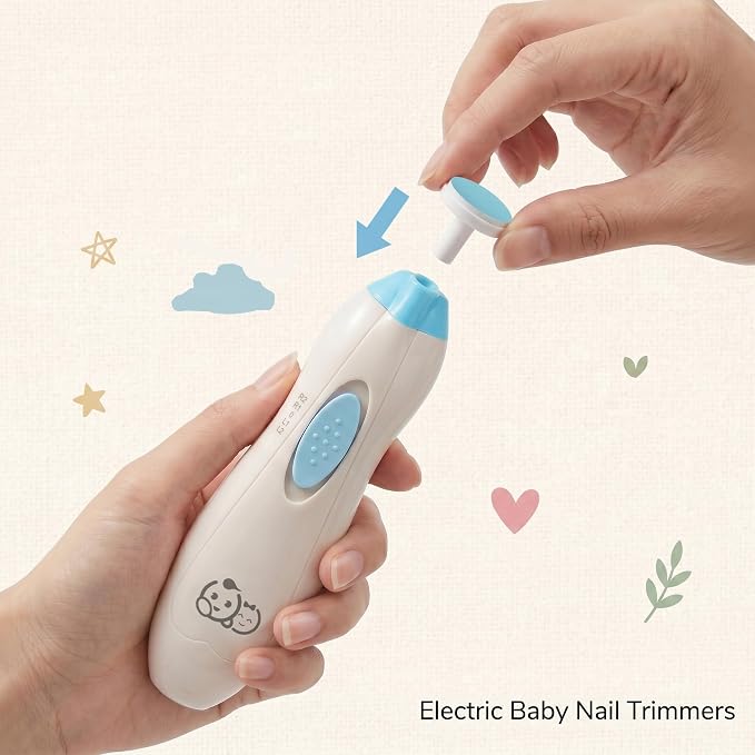 Royal Angels Upgraded 6 in 1 Baby Nail Trimmer with Labeled Case, 4 Colored Pads for Newborns to Toddlers, Whisper Quiet Electric Nail File with LED Light, Safe Manicure Set for Families (Babyblue)