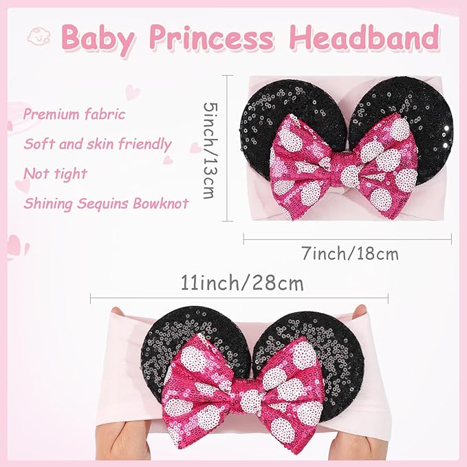 2Pcs Red Baby Girl Large Mouse Ears Dot Headbands with Sequin Bow, Wide Nylon Turban Hairband, Theme Park Headwear, Hair Bow Headband for Toddler, Kids, Party Supplies