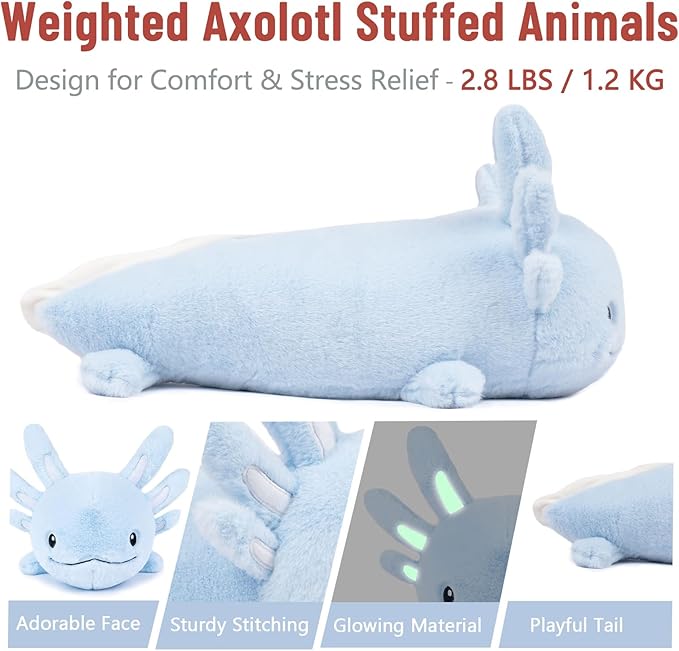 Niuniu Daddy 18" | 2.8 Pound Blue Axolotl Weighted Stuffed Animals for Kids Adults Girls, Giant Cute Axolotl Stuffy Plush Toy with Glowing Ears in The Dark, Kawaii Gifts for Holidays Christmas