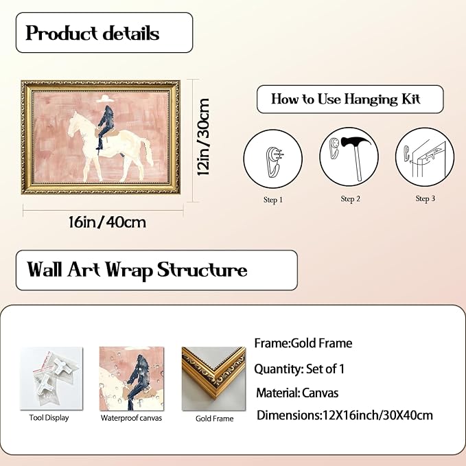 Gold Framed Western Cowboy Wall Art, Modern Abstract Cowboy on Horse Wall Decor Painting Vintage Southwestern Ranch Canvas Prints Picture for Farmhouse Living Room Bedroom 12x16 inch