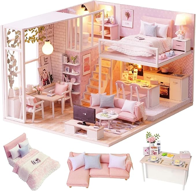 CUTEROOM DIY Miniature House Kit Handmade Wooden Dollhouse - Creative Doll House Kit for Birthday Plus Music Box & LED Light - Tranquil Time