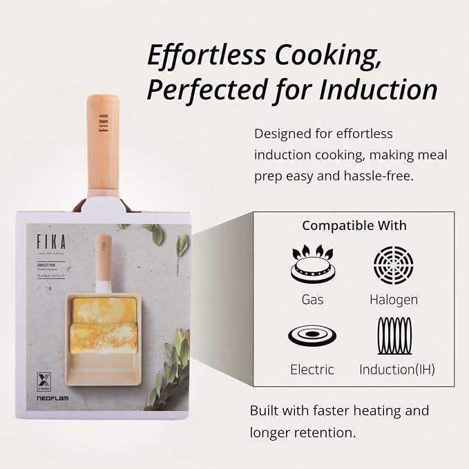 FIKA 6-Inch Nonstick Tamagoyaki Egg Pan, Japanese Omelette Pan for Rolled Eggs, Rectangular Frying Pan with Wooden Handle, Induction Compatible, Made in Korea (15cm)