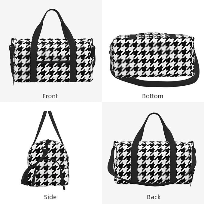 Fiokroo Sports Gym Bag Black And White Houndstooth Travel Duffel Bag For Men Women With Shoe Compartment Water Resistant Gym Bag Carry On Duffel Bag For Weekend Traveling Yoga Gym Sports