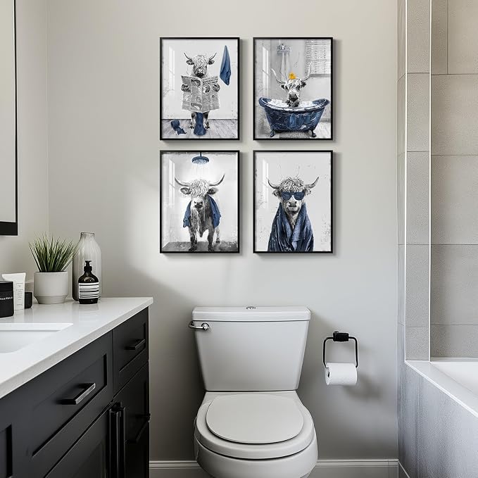 Framed Funny Highland Cow Wall Art for Bathroom Decor, 4 Piece Navy Blue Prints Paintings Artwork for Walls, Fun Cute Cow Sitting on Toilet in Bathtub Pictures for Bathroom Wall Decor 12x16 Inch