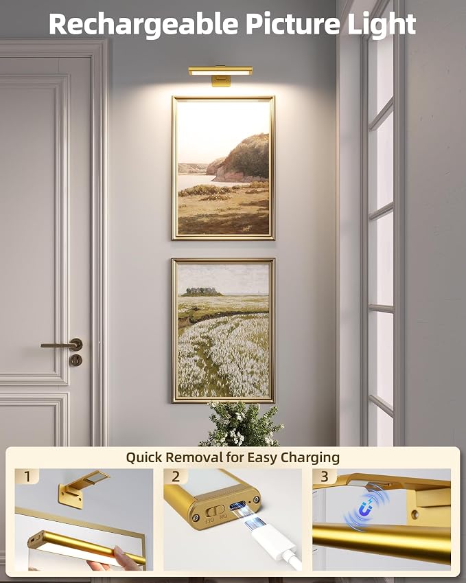 EZVALO Picture Light for Wall, Rechargeable 2400mAh Gold Lights Wireless with IR Remote, 3 Color & Dimmable Magnetic 7.87'' LED Lights Display for Painting, Living Room, Gallery, Bedroom Art (2P)