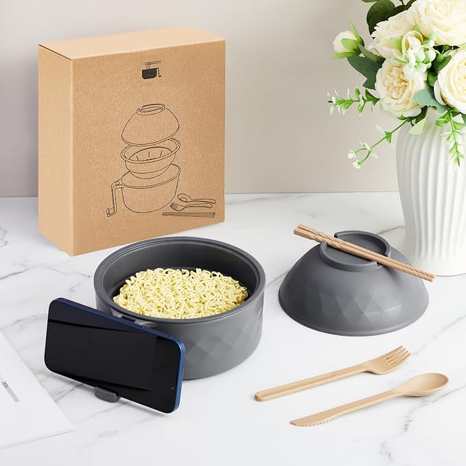 1 Set Microwave Ramen Cooker 40oz Wheat Straw Microwave Noodle Bowl Set with Chopsticks, Spoon, Fork, College Dorm Office Apartment Essentials (Gray)