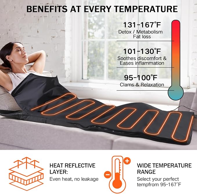 Infrared Sauna Blanket, Durable PU Leather Cover Detox & Relaxation at Home Adjustable Timer, Size 6 ft x 2.6 ft(Black)