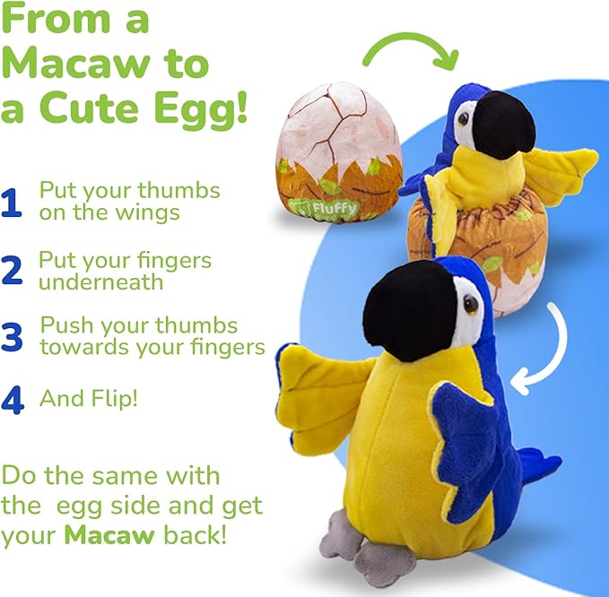 Blue Macaw (Parrot) - Reversible Stuffed Animal, Small Plushies - Soft & Cuddly Plushie - Sensory Toy, Eco Friendly, Educational - Egg to Blue Macaw - kids Pushies – Coloring TAG - Gift for All Ages