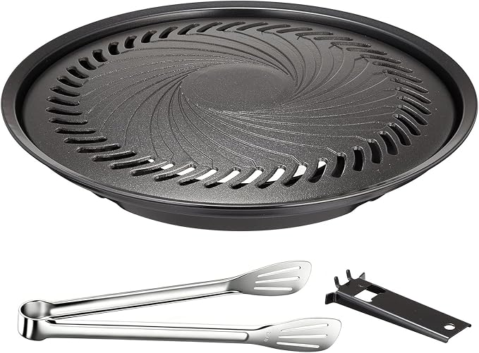 Korean BBQ Grill Pan, Nonstick 13.5" Round Indoor Grill Pan Smokeless Cast Aluminum Includes Food Tongs & Grill Plate Handle, Outdoor Camping Grilling, Picnic Cooking