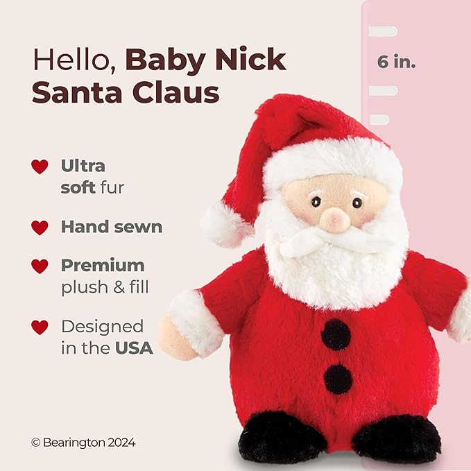 Bearington Baby Nick Christmas Plush, 6 Inch Santa Stuffed Animal, Ideal Christmas Stuffed Santa Claus Doll Gift for Toddlers, Kids & Teens, for Ages 3-14
