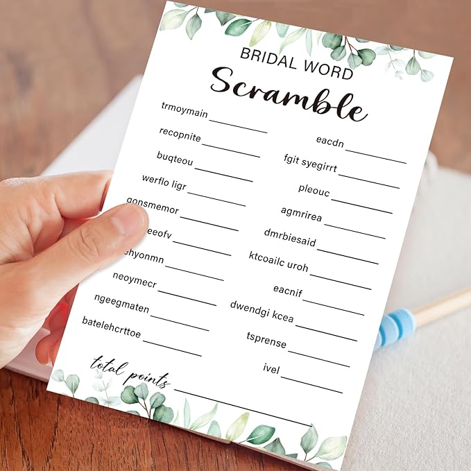 30 Pcs Bridal Word Scramble Game Wedding Shower Games, Bridal Shower Games 30 Guests for Engagement Wedding Party (Eucalyptus Botanical Style) -0015